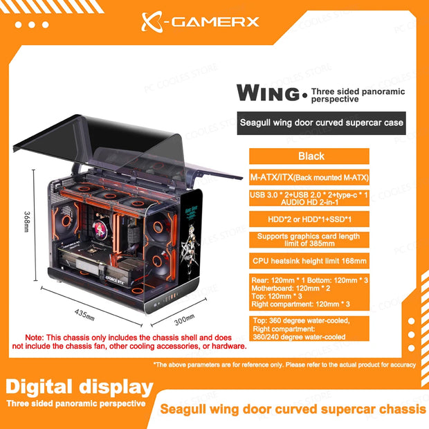 PowerTrain™ Phantom Wings LCD MATX PC Case – 360mm Water Cooling, Sea View Glass, Vertical Desktop Chassis