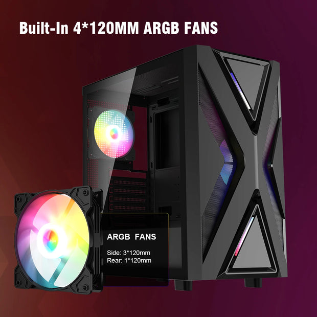 Ruix™ CV203 – Mid Tower Gaming PC Case with 4 Pre-Installed Fans, Tempered Glass & USB 3.0