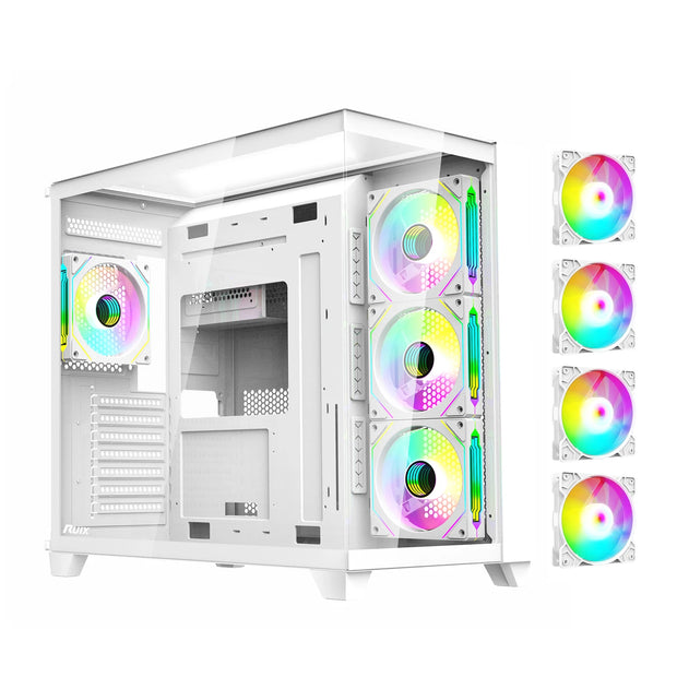 RUIX™ OV403 PrismFlow – ATX Mid-Tower Gaming PC Case with 4× ARGB Fans, Three-Sided Glass & GPU Support