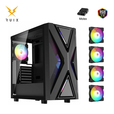 Ruix™ CV203 – Mid Tower Gaming PC Case with 4 Pre-Installed Fans, Tempered Glass & USB 3.0