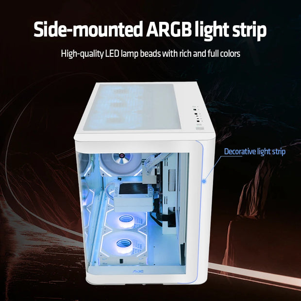 AOC CG355 OceanView™ White Edition – Dual Tempered Glass PC Case with 240/360mm Water Cooling Support (M-ATX/ITX)