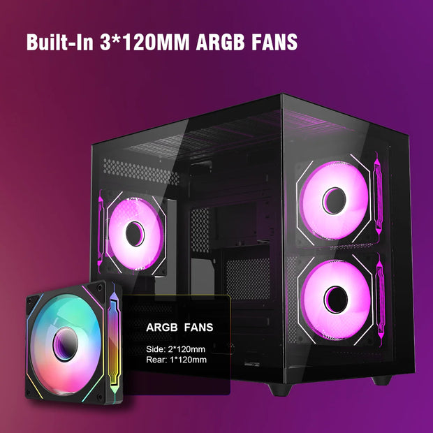 Ruix OV-502 AeroView™ – Mid Tower Micro-ATX Gaming Case with Dual USB 3.0, 3×120mm ARGB PWM Fans & Full View Tempered Glass