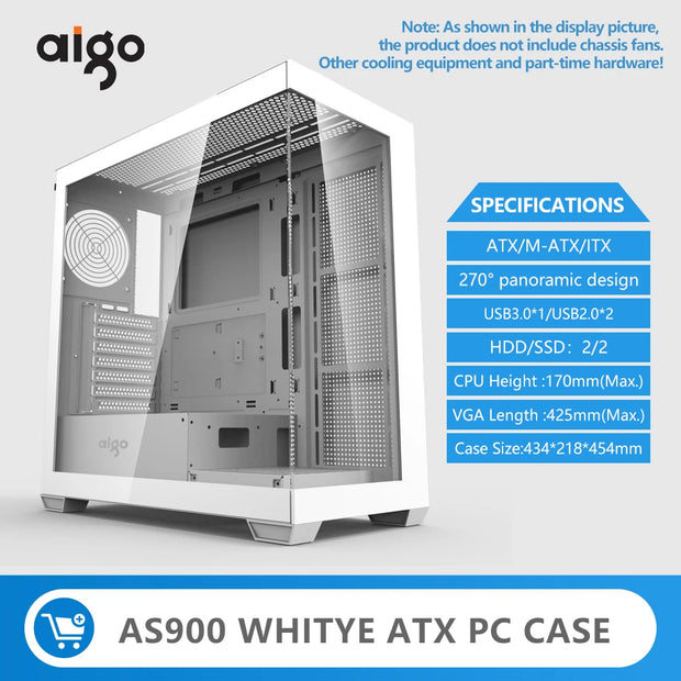 Aigo AS900 SeaViewX™ – ATX/M-ATX/ITX Gaming PC Case with Dual-Side Tempered Glass & 270° Panoramic Design