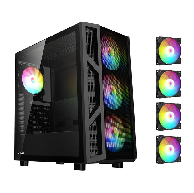 Ruix™ CV103 Spectrum-X Gaming PC Case – Mid Tower ATX with 4× Fixed Rainbow Fans, Mesh Front, USB 3.0 & Tempered Glass