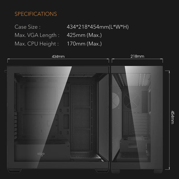 Aigo AS900 SeaViewX™ – ATX/M-ATX/ITX Gaming PC Case with Dual-Side Tempered Glass & 270° Panoramic Design