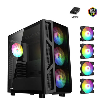 Ruix™ CV103 Spectrum-X Gaming PC Case – Mid Tower ATX with 4× Fixed Rainbow Fans, Mesh Front, USB 3.0 & Tempered Glass