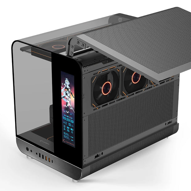 PowerTrain™ Phantom Wings LCD MATX PC Case – 360mm Water Cooling, Sea View Glass, Vertical Desktop Chassis