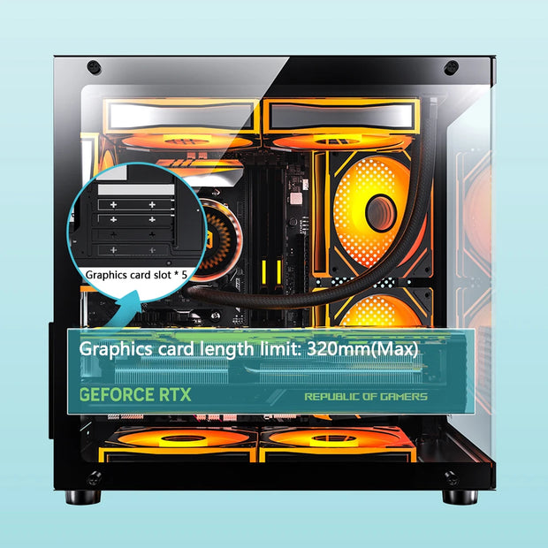 PADO YL SeaView360™ – M-ATX Gaming PC Case with 270° Dual Transparent Panels & No A-Pillar Design
