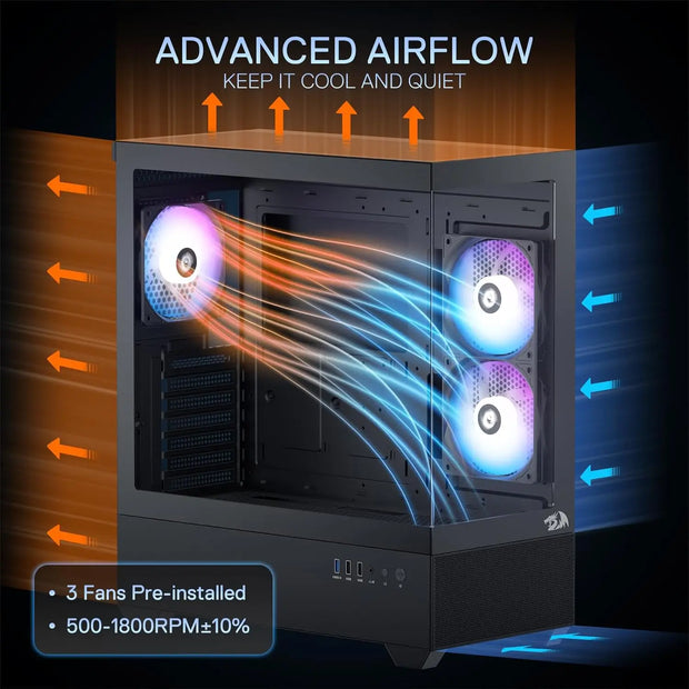 Redragon CA606 ShadowView™ – ATX Gaming PC Case with 3×120mm Pre-Installed Fans & 270° Full View Glass Panel