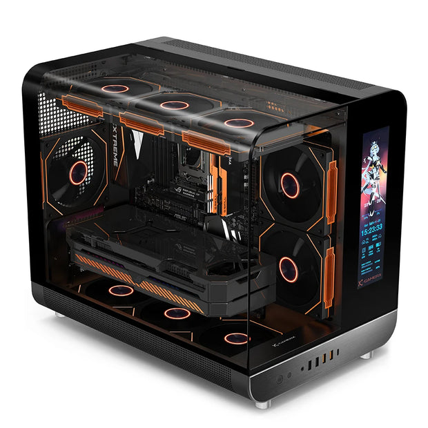 PowerTrain™ Phantom Wings LCD MATX PC Case – 360mm Water Cooling, Sea View Glass, Vertical Desktop Chassis