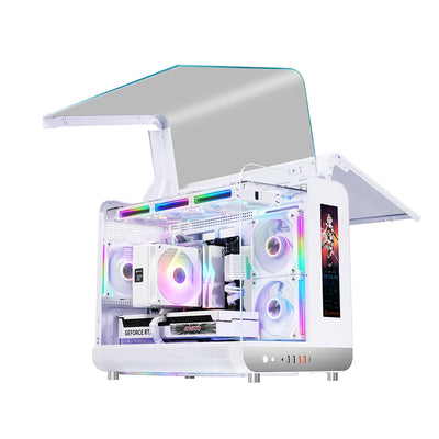 PowerTrain™ Phantom Wings LCD MATX PC Case – 360mm Water Cooling, Sea View Glass, Vertical Desktop Chassis