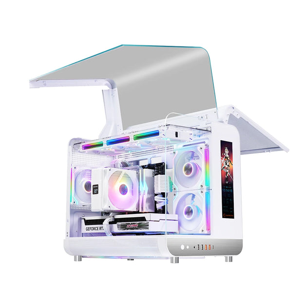 PowerTrain™ Phantom Wings LCD MATX PC Case – 360mm Water Cooling, Sea View Glass, Vertical Desktop Chassis