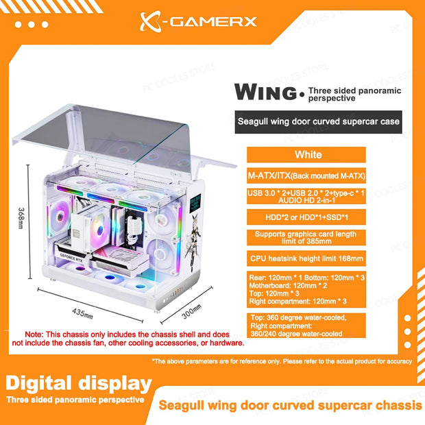 PowerTrain™ Phantom Wings LCD MATX PC Case – 360mm Water Cooling, Sea View Glass, Vertical Desktop Chassis