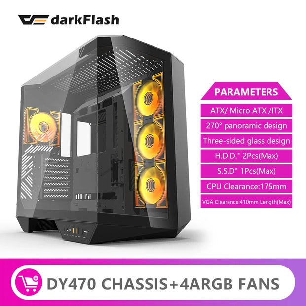 Darkflash DY470 StormGlass™ – ATX Gaming PC Case with Dual 360mm Water Cooling Support & 4 Pre-Installed ARGB Fans