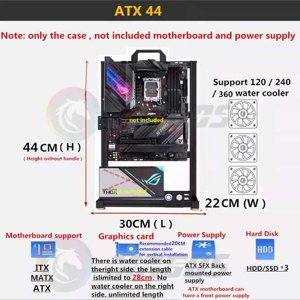 MODMaster™ ATX Open Frame DIY PC Case – Aluminum Gaming Tower for ITX/M-ATX/ATX/E-ATX Motherboards