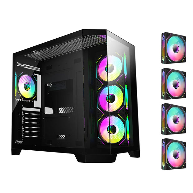 Ruix OV303 – ATX Mid Tower Gaming Case (Black) with 4 Pre-Installed ARGB PWM Fans, USB Type-C, & Tempered Glass Side Panel