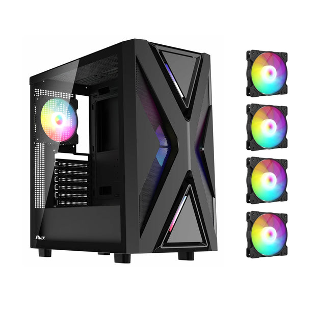 Ruix™ CV203 – Mid Tower Gaming PC Case with 4 Pre-Installed Fans, Tempered Glass & USB 3.0
