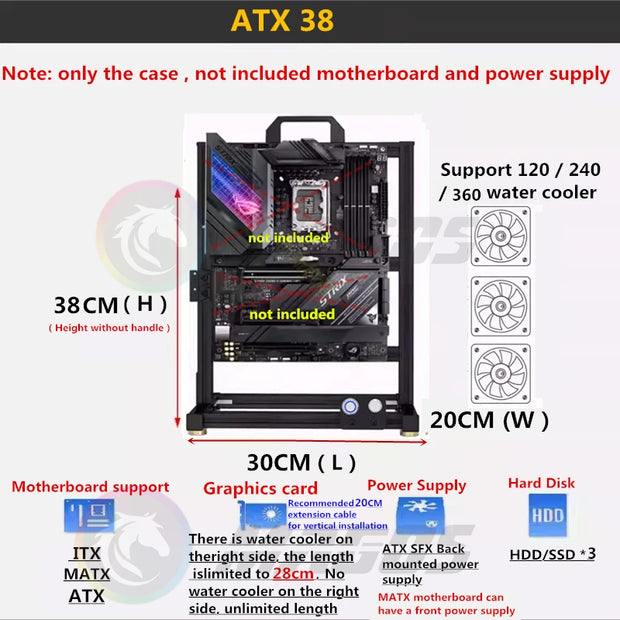 MODMaster™ ATX Open Frame DIY PC Case – Aluminum Gaming Tower for ITX/M-ATX/ATX/E-ATX Motherboards