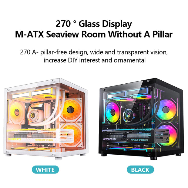 PADO YL SeaView360™ – M-ATX Gaming PC Case with 270° Dual Transparent Panels & No A-Pillar Design