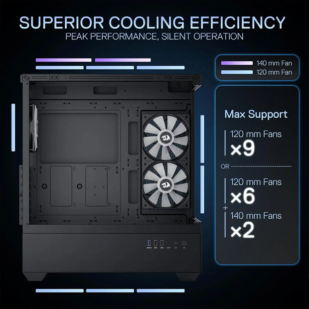 Redragon CA606 ShadowView™ – ATX Gaming PC Case with 3×120mm Pre-Installed Fans & 270° Full View Glass Panel