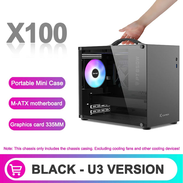 PowerTrain X-GAMER X100™ – Portable M-ATX/ITX Mini Desktop Gaming PC Case with USB 3.0, Type-C & PSU Support