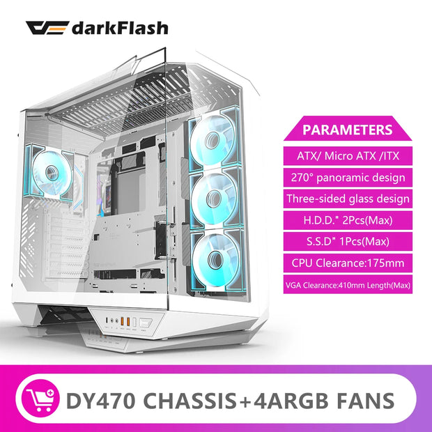 Darkflash DY470 StormGlass™ – ATX Gaming PC Case with Dual 360mm Water Cooling Support & 4 Pre-Installed ARGB Fans