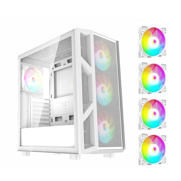 Ruix™ CV103 Spectrum-X Gaming PC Case – Mid Tower ATX with 4× Fixed Rainbow Fans, Mesh Front, USB 3.0 & Tempered Glass
