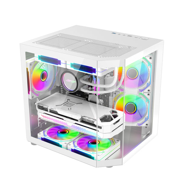 PowerTrain™ Star Realm – 3-Sided Glass Panoramic M-ATX PC Case with Frameless Sea View Design & 240mm Water Cooling Support