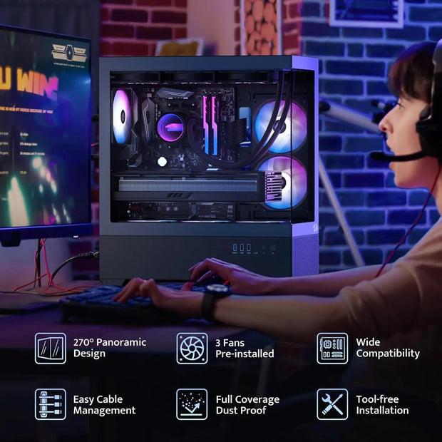Redragon CA606 ShadowView™ – ATX Gaming PC Case with 3×120mm Pre-Installed Fans & 270° Full View Glass Panel
