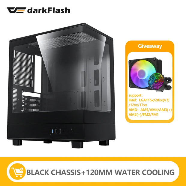 DarkFlash DB330M SeaViewEdge™ – M-ATX Gaming PC Case with 270° Dual Glass Panels & USB 3.0 Front I/O