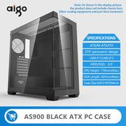 Aigo AS900 SeaViewX™ – ATX/M-ATX/ITX Gaming PC Case with Dual-Side Tempered Glass & 270° Panoramic Design