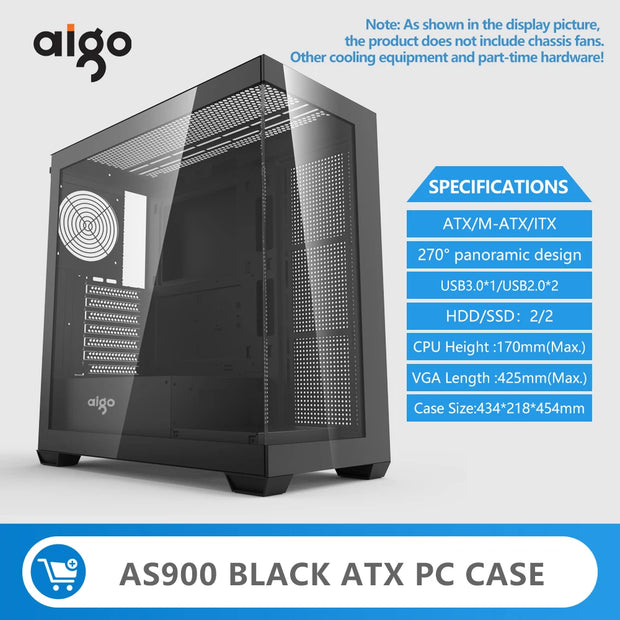Aigo AS900 SeaViewX™ – ATX/M-ATX/ITX Gaming PC Case with Dual-Side Tempered Glass & 270° Panoramic Design
