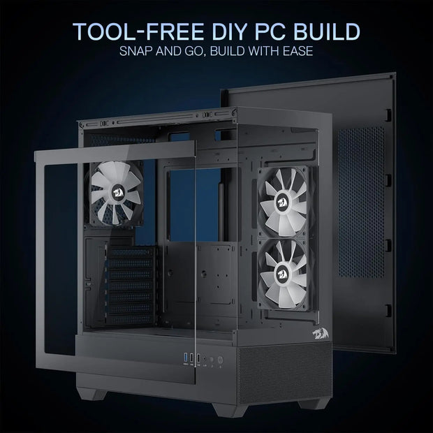 Redragon CA606 ShadowView™ – ATX Gaming PC Case with 3×120mm Pre-Installed Fans & 270° Full View Glass Panel