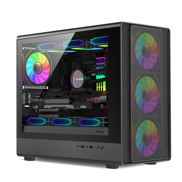 PowerTrain™ N1 VertiGlass M-ATX Gaming Case – Vertical Glass Side, 360mm AIO Support, 420mm GPU Clearance