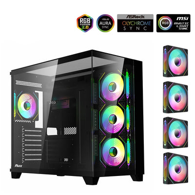 RUIX™ OV403 PrismFlow – ATX Mid-Tower Gaming PC Case with 4× ARGB Fans, Three-Sided Glass & GPU Support