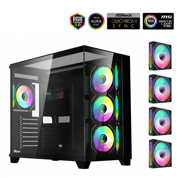 RUIX™ OV403 PrismFlow – ATX Mid-Tower Gaming PC Case with 4× ARGB Fans, Three-Sided Glass & GPU Support