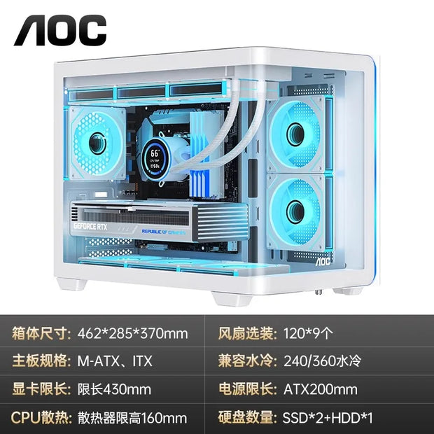 AOC CG355 OceanView™ White Edition – Dual Tempered Glass PC Case with 240/360mm Water Cooling Support (M-ATX/ITX)
