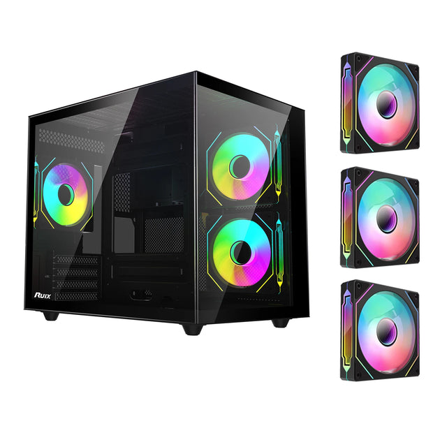Ruix OV-502 AeroView™ – Mid Tower Micro-ATX Gaming Case with Dual USB 3.0, 3×120mm ARGB PWM Fans & Full View Tempered Glass