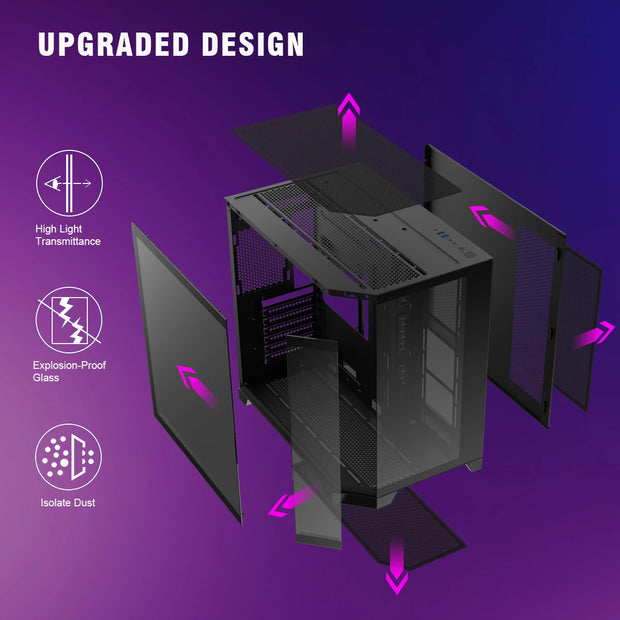 Ruix OV303 – ATX Mid Tower Gaming Case (Black) with 4 Pre-Installed ARGB PWM Fans, USB Type-C, & Tempered Glass Side Panel