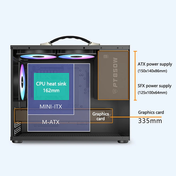 PowerTrain X-GAMER X100™ – Portable M-ATX/ITX Mini Desktop Gaming PC Case with USB 3.0, Type-C & PSU Support