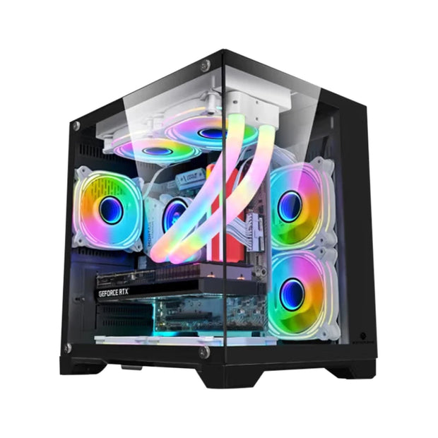 ShadowBox Mini – M-ATX Panoramic Gaming PC Case with 240/120mm Water Cooling Support & Pillar-Free Glass Design