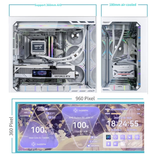 VALKYRIE VK03™ – ATX Gaming PC Case with 6.2" Touchscreen, 270° Sea View Glass & 360mm Water Cooling Support