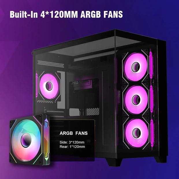 RUIX™ OV403 PrismFlow – ATX Mid-Tower Gaming PC Case with 4× ARGB Fans, Three-Sided Glass & GPU Support