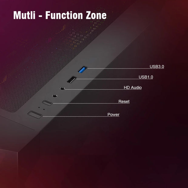 Ruix™ CV203 – Mid Tower Gaming PC Case with 4 Pre-Installed Fans, Tempered Glass & USB 3.0