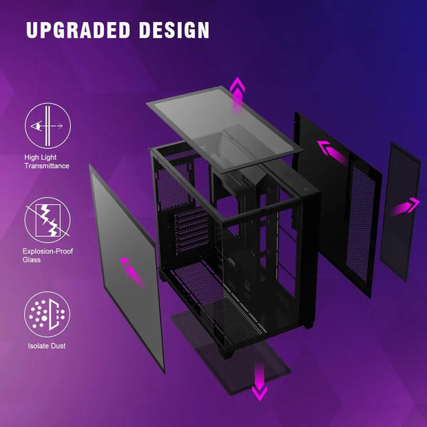 RUIX™ OV403 PrismFlow – ATX Mid-Tower Gaming PC Case with 4× ARGB Fans, Three-Sided Glass & GPU Support