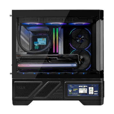 VALKYRIE VK03-M LCD – M-ATX Gaming PC Case with 6.2" Touchscreen, 360mm Water Cooling, and 270° Sea View Glass Panel