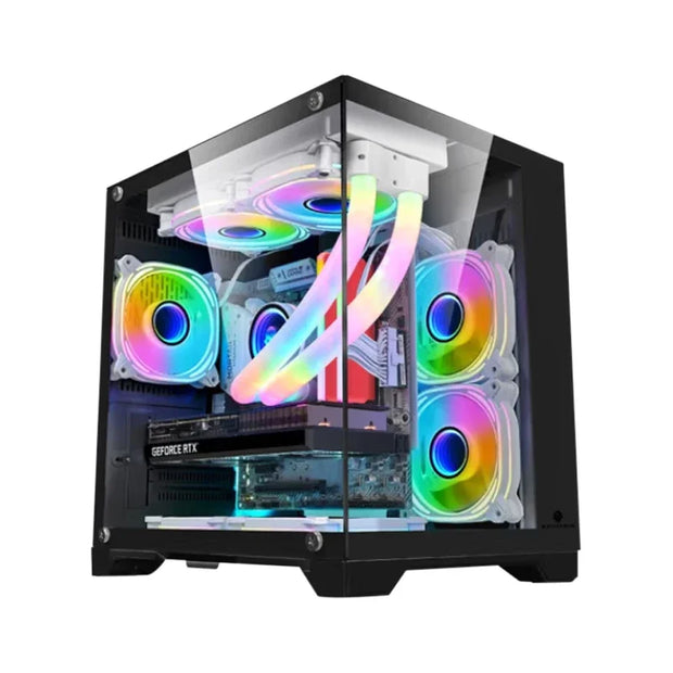 ShadowBox Mini – M-ATX Panoramic Gaming PC Case with 240/120mm Water Cooling Support & Pillar-Free Glass Design