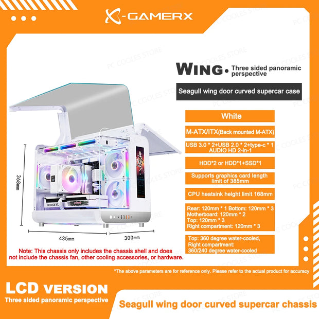 PowerTrain™ Phantom Wings LCD MATX PC Case – 360mm Water Cooling, Sea View Glass, Vertical Desktop Chassis