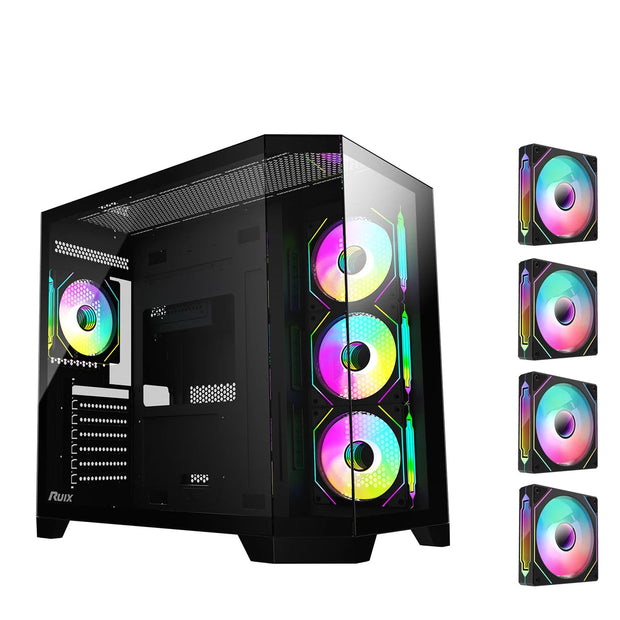 Ruix OV303 – ATX Mid Tower Gaming Case (Black) with 4 Pre-Installed ARGB PWM Fans, USB Type-C, & Tempered Glass Side Panel
